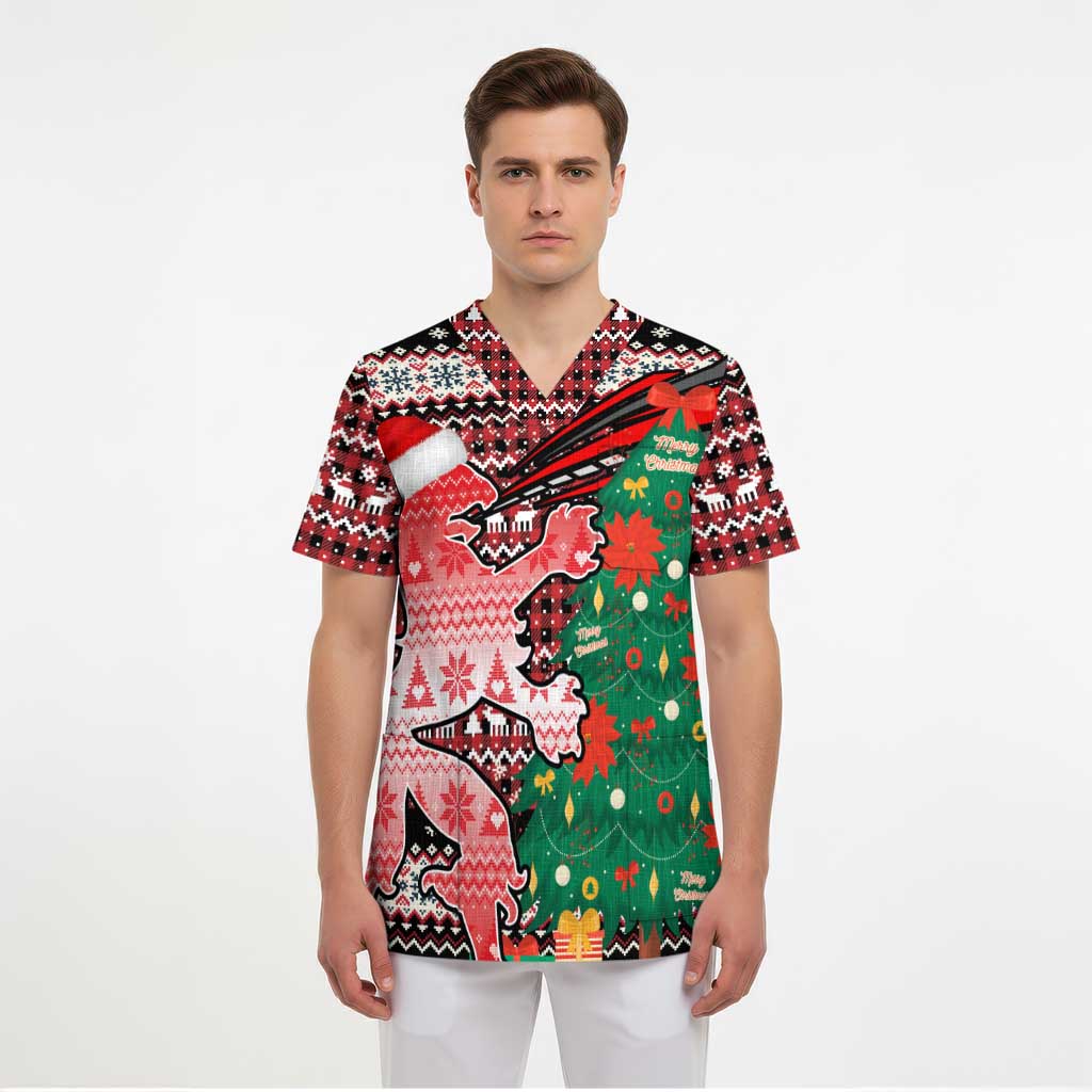 Latvia Christmas Scrub Top with Red Lion, Holiday Tree, and Nordic Pattern Design - Wonder Print Shop