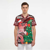Latvia Christmas Scrub Top with Red Lion, Holiday Tree, and Nordic Pattern Design - Wonder Print Shop