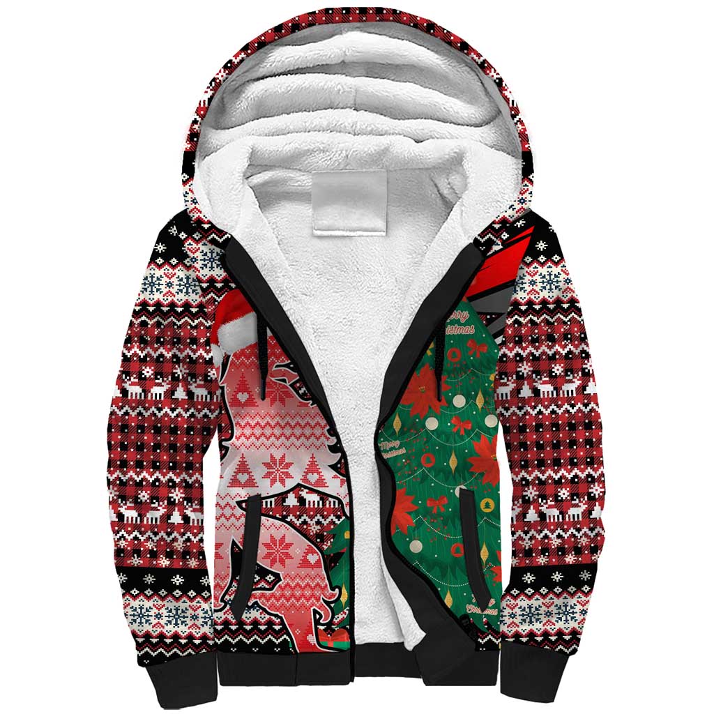Latvia Christmas Sherpa Hoodie with Red Lion, Holiday Tree, and Nordic Pattern Design - Wonder Print Shop