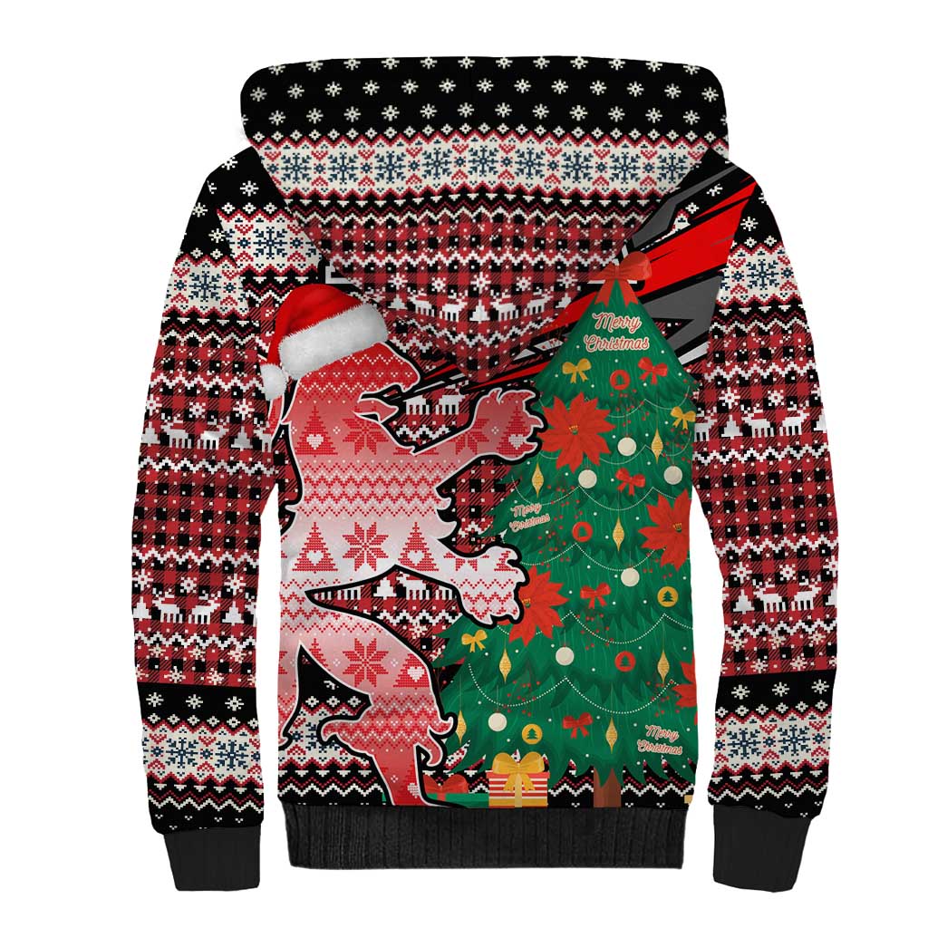 Latvia Christmas Sherpa Hoodie with Red Lion, Holiday Tree, and Nordic Pattern Design - Wonder Print Shop