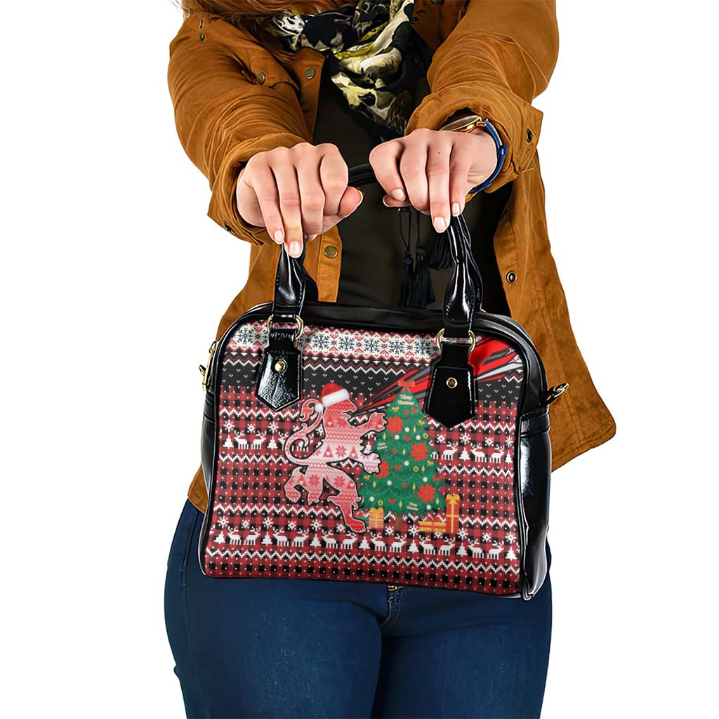 Latvia Christmas Shoulder Handbag with Red Lion, Holiday Tree, and Nordic Pattern Design - Wonder Print Shop