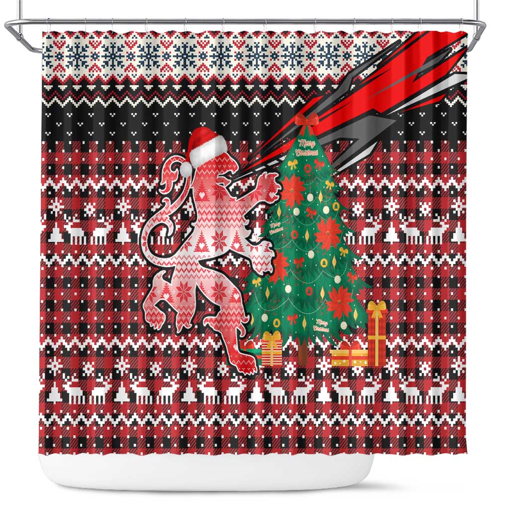 Latvia Christmas Shower Curtain with Red Lion, Holiday Tree, and Nordic Pattern Design - Wonder Print Shop