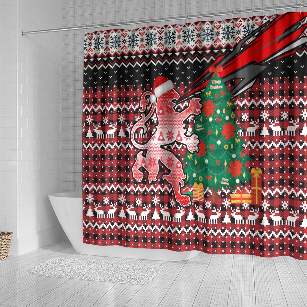 Latvia Christmas Shower Curtain with Red Lion, Holiday Tree, and Nordic Pattern Design - Wonder Print Shop