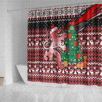 Latvia Christmas Shower Curtain with Red Lion, Holiday Tree, and Nordic Pattern Design - Wonder Print Shop