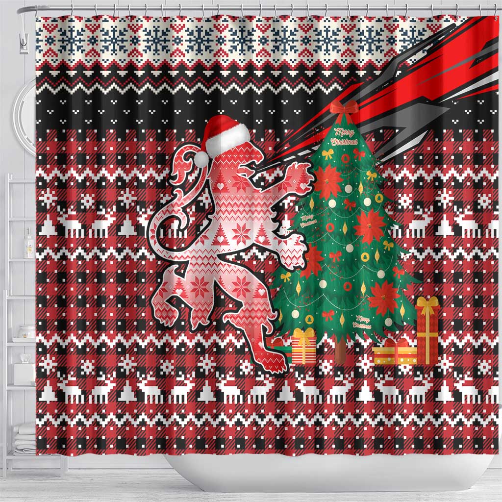 Latvia Christmas Shower Curtain with Red Lion, Holiday Tree, and Nordic Pattern Design - Wonder Print Shop