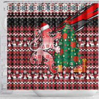 Latvia Christmas Shower Curtain with Red Lion, Holiday Tree, and Nordic Pattern Design - Wonder Print Shop