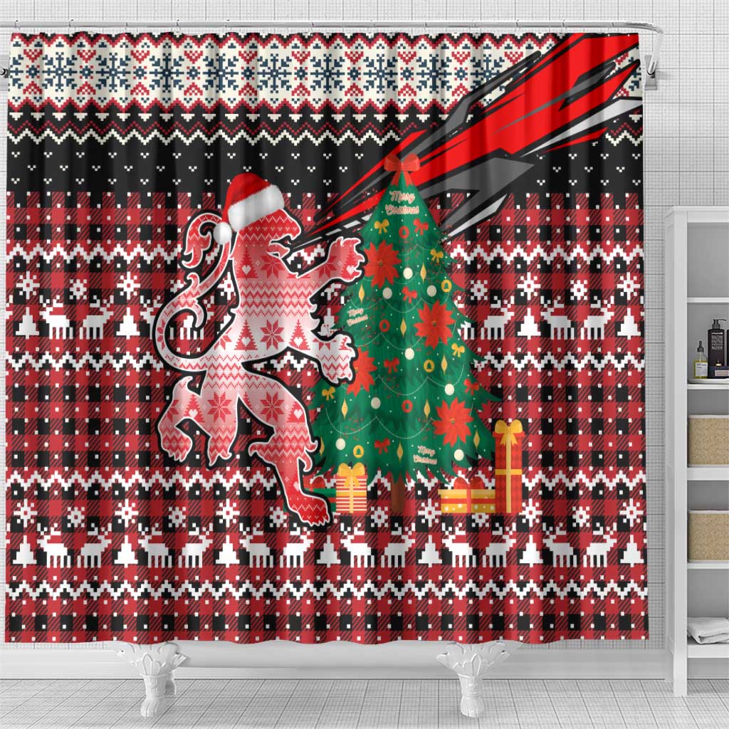 Latvia Christmas Shower Curtain with Red Lion, Holiday Tree, and Nordic Pattern Design - Wonder Print Shop