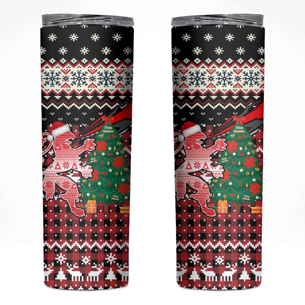 Latvia Christmas Skinny Tumbler with Red Lion, Holiday Tree, and Nordic Pattern Design - Wonder Print Shop