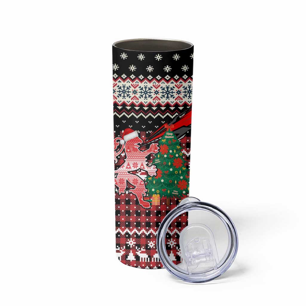 Latvia Christmas Skinny Tumbler with Red Lion, Holiday Tree, and Nordic Pattern Design - Wonder Print Shop
