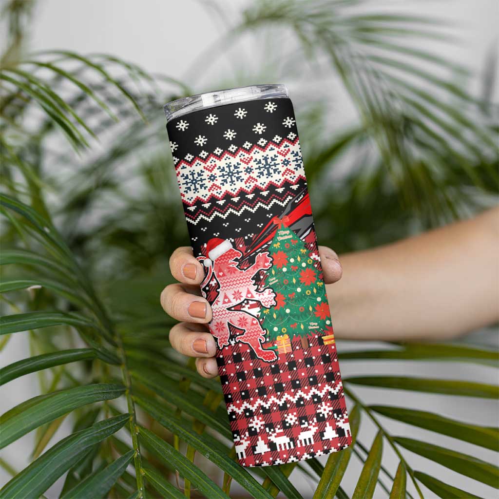 Latvia Christmas Skinny Tumbler with Red Lion, Holiday Tree, and Nordic Pattern Design - Wonder Print Shop