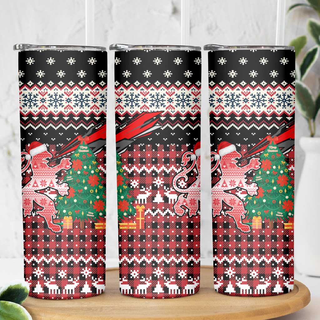 Latvia Christmas Skinny Tumbler with Red Lion, Holiday Tree, and Nordic Pattern Design - Wonder Print Shop