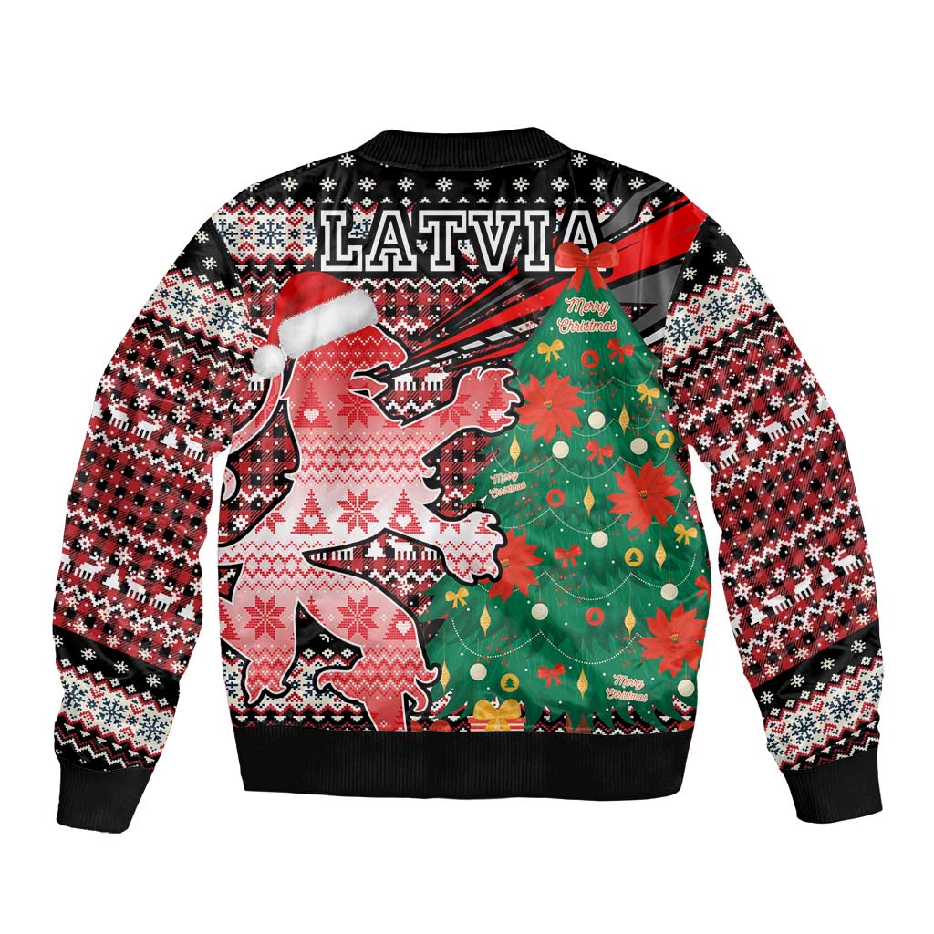 Latvia Christmas Sleeve Zip Bomber Jacket with Red Lion, Holiday Tree, and Nordic Pattern Design - Wonder Print Shop