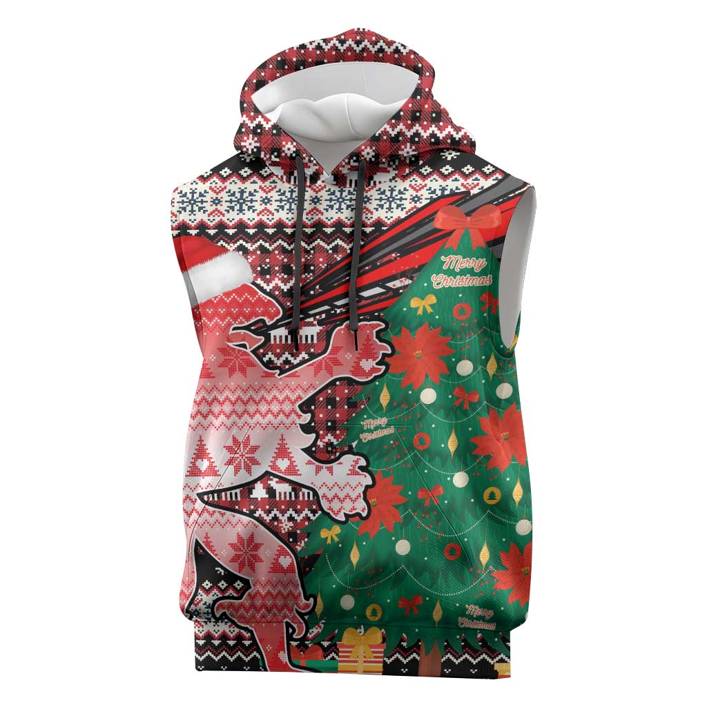 Latvia Christmas Sleeveless Hoodie with Red Lion, Holiday Tree, and Nordic Pattern Design - Wonder Print Shop