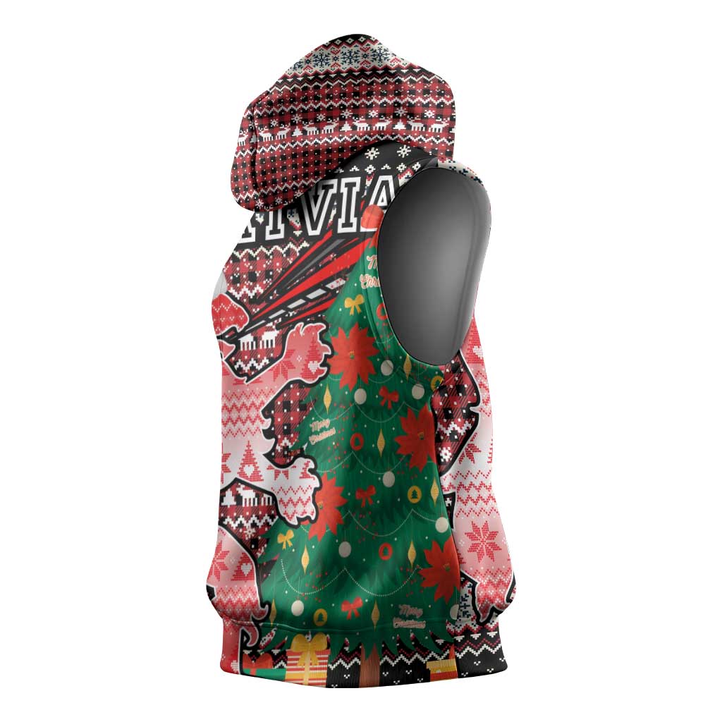 Latvia Christmas Sleeveless Hoodie with Red Lion, Holiday Tree, and Nordic Pattern Design - Wonder Print Shop