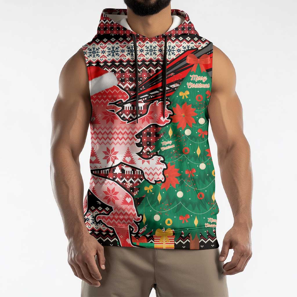 Latvia Christmas Sleeveless Hoodie with Red Lion, Holiday Tree, and Nordic Pattern Design - Wonder Print Shop
