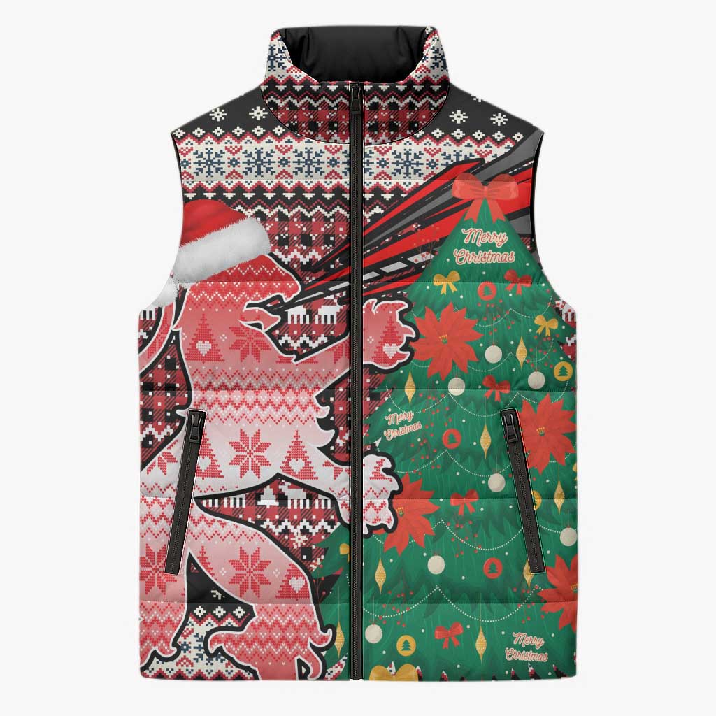 Latvia Christmas Sleeveless Puffer Jacket with Red Lion, Holiday Tree, and Nordic Pattern Design - Wonder Print Shop