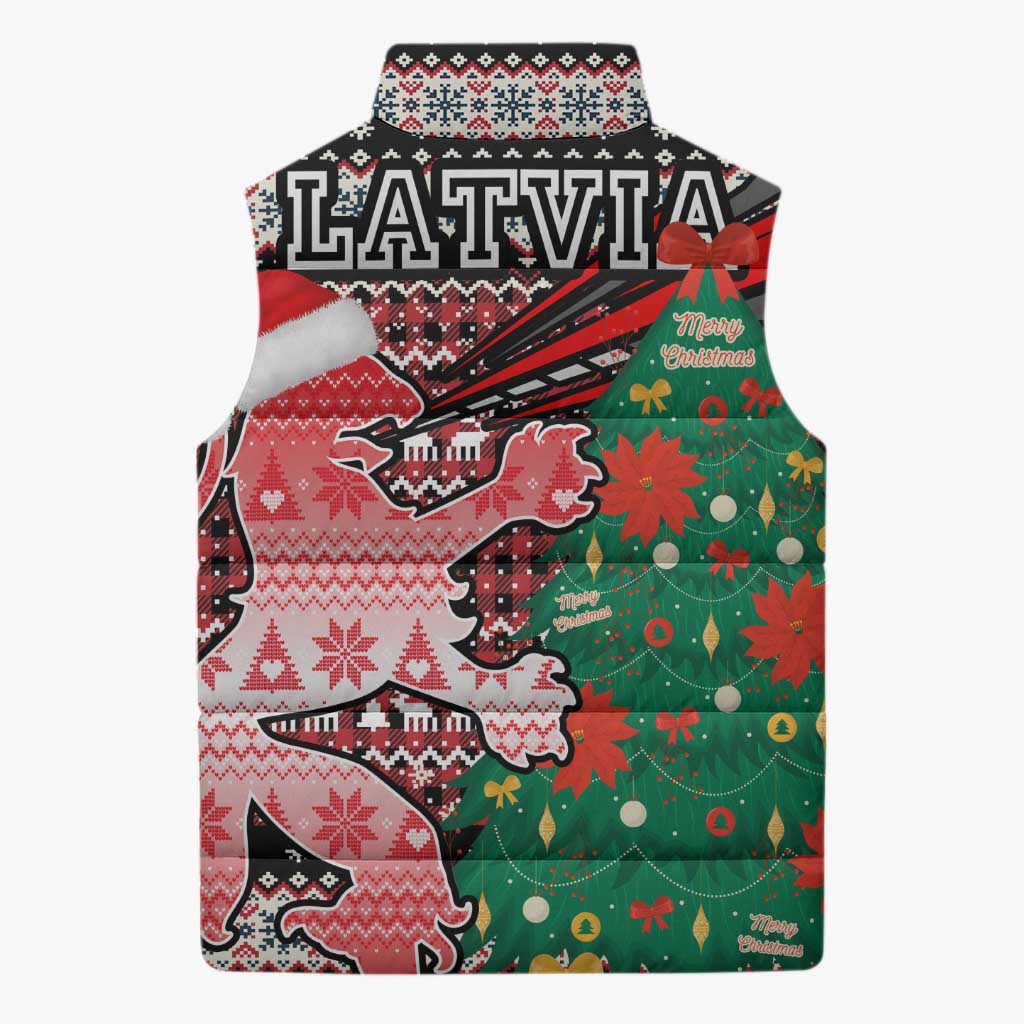 Latvia Christmas Sleeveless Puffer Jacket with Red Lion, Holiday Tree, and Nordic Pattern Design - Wonder Print Shop