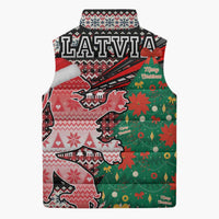 Latvia Christmas Sleeveless Puffer Jacket with Red Lion, Holiday Tree, and Nordic Pattern Design - Wonder Print Shop