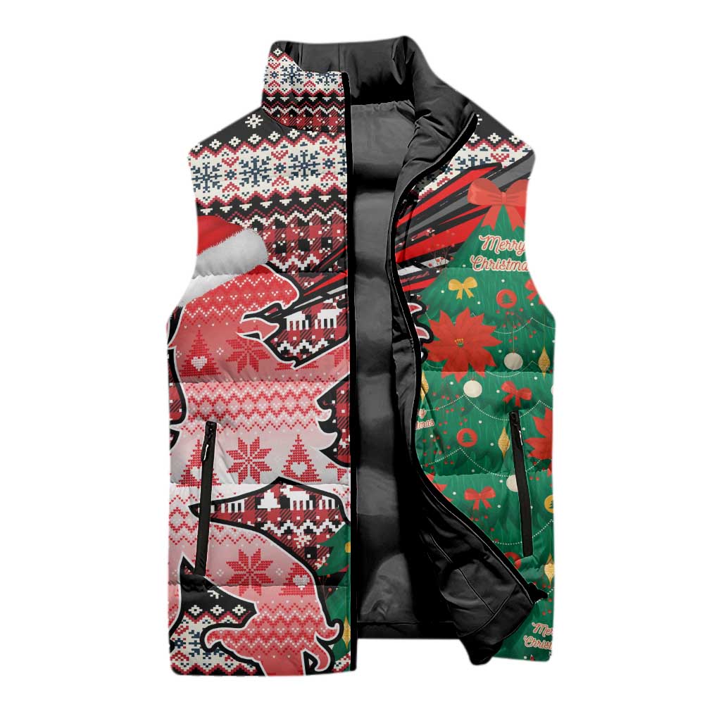 Latvia Christmas Sleeveless Puffer Jacket with Red Lion, Holiday Tree, and Nordic Pattern Design - Wonder Print Shop