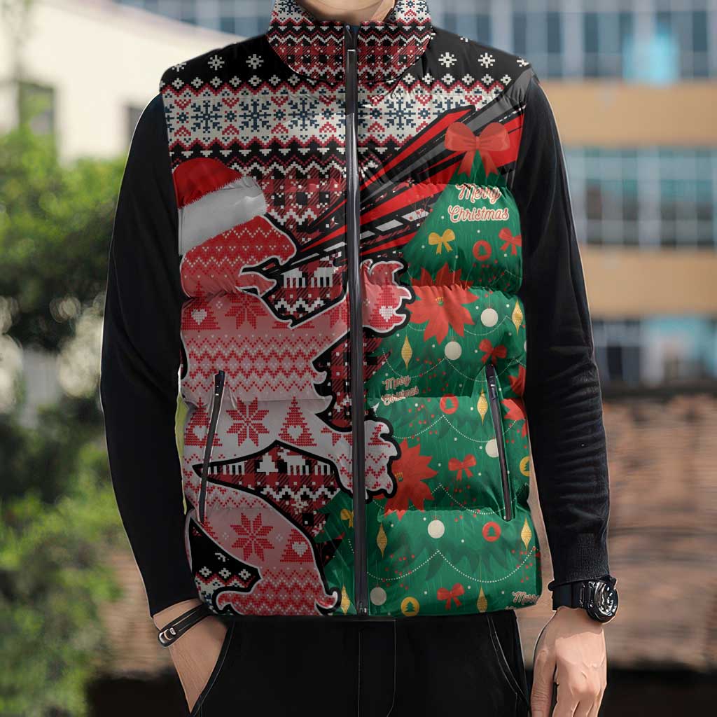 Latvia Christmas Sleeveless Puffer Jacket with Red Lion, Holiday Tree, and Nordic Pattern Design - Wonder Print Shop