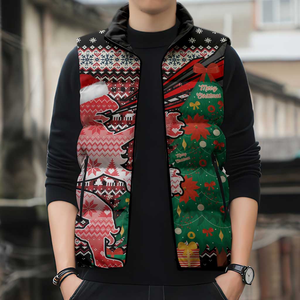 Latvia Christmas Sleeveless Puffer Jacket with Red Lion, Holiday Tree, and Nordic Pattern Design - Wonder Print Shop