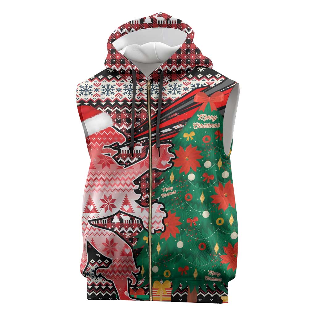 Latvia Christmas Sleeveless Zip Hoodie with Red Lion, Holiday Tree, and Nordic Pattern Design - Wonder Print Shop