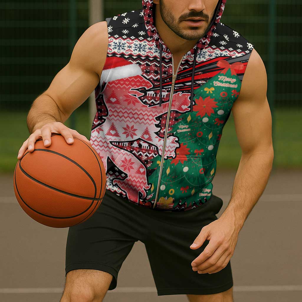 Latvia Christmas Sleeveless Zip Hoodie with Red Lion, Holiday Tree, and Nordic Pattern Design - Wonder Print Shop