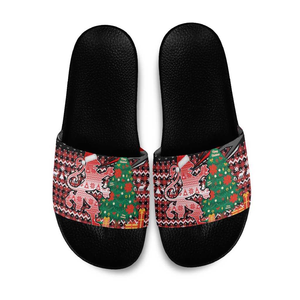 Latvia Christmas Slide Sandals with Red Lion, Holiday Tree, and Nordic Pattern Design - Wonder Print Shop