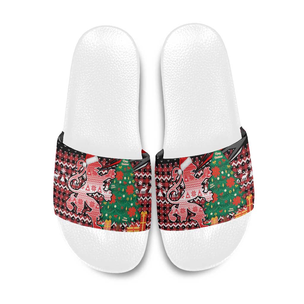 Latvia Christmas Slide Sandals with Red Lion, Holiday Tree, and Nordic Pattern Design - Wonder Print Shop