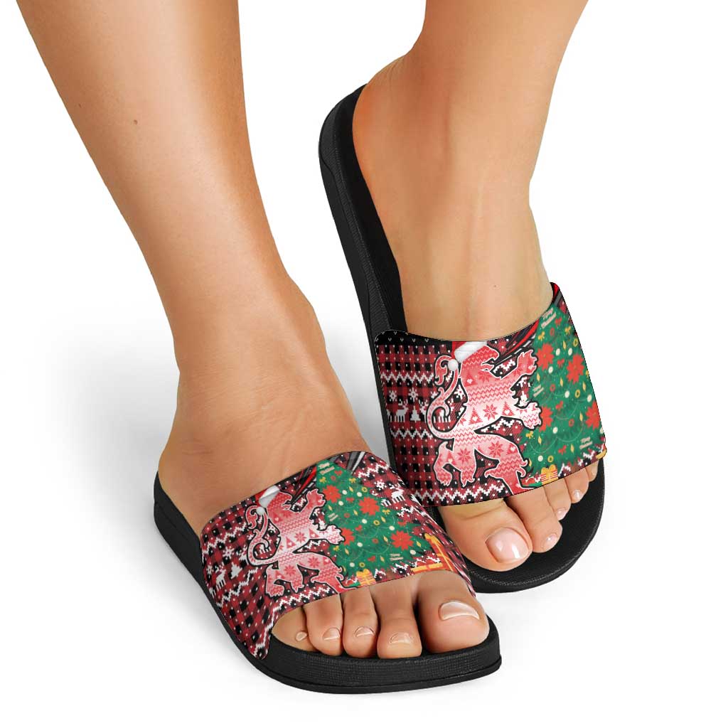 Latvia Christmas Slide Sandals with Red Lion, Holiday Tree, and Nordic Pattern Design - Wonder Print Shop