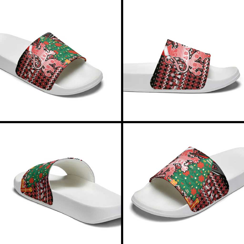 Latvia Christmas Slide Sandals with Red Lion, Holiday Tree, and Nordic Pattern Design - Wonder Print Shop