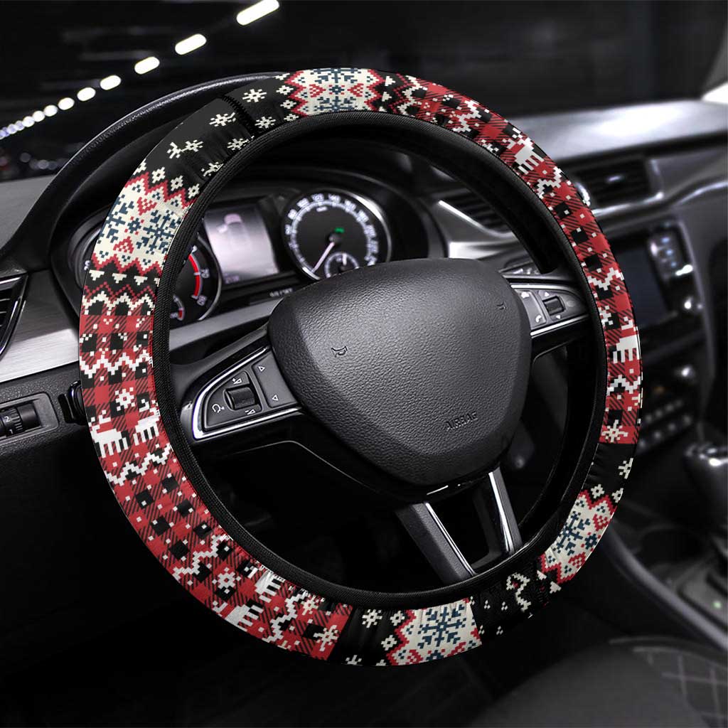 Latvia Christmas Steering Wheel Cover with Red Lion, Holiday Tree, and Nordic Pattern Design - Wonder Print Shop