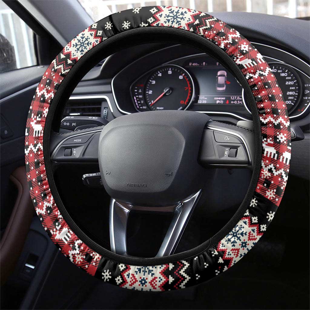 Latvia Christmas Steering Wheel Cover with Red Lion, Holiday Tree, and Nordic Pattern Design - Wonder Print Shop