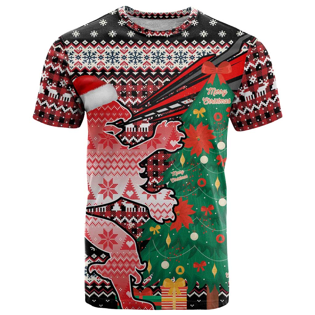 Latvia Christmas T Shirt with Red Lion, Holiday Tree, and Nordic Pattern Design - Wonder Print Shop