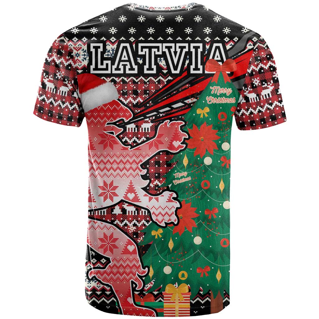 Latvia Christmas T Shirt with Red Lion, Holiday Tree, and Nordic Pattern Design - Wonder Print Shop