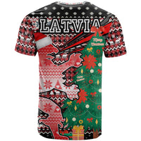 Latvia Christmas T Shirt with Red Lion, Holiday Tree, and Nordic Pattern Design - Wonder Print Shop