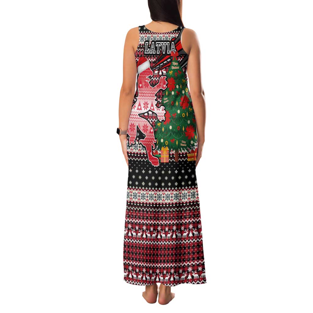 Latvia Christmas Tank Maxi Dress with Red Lion, Holiday Tree, and Nordic Pattern Design - Wonder Print Shop