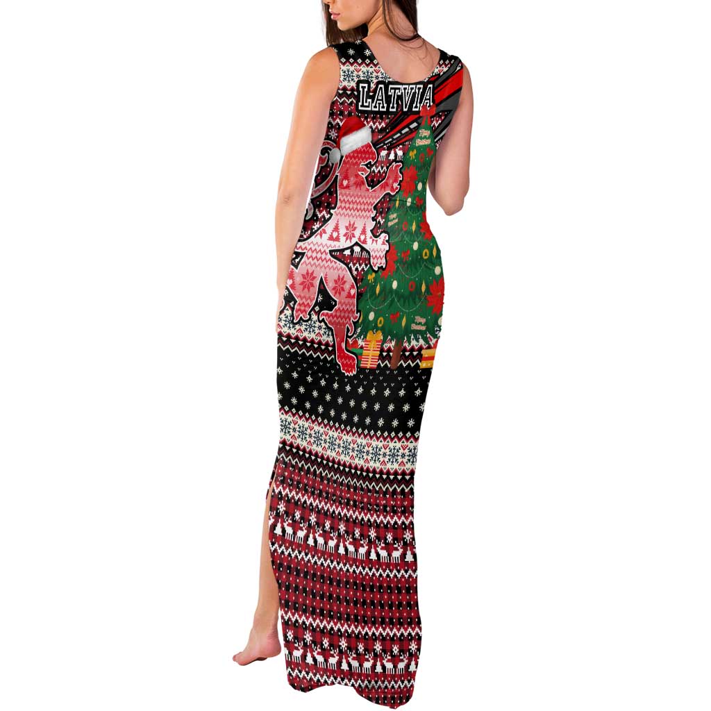 Latvia Christmas Tank Maxi Dress with Red Lion, Holiday Tree, and Nordic Pattern Design - Wonder Print Shop