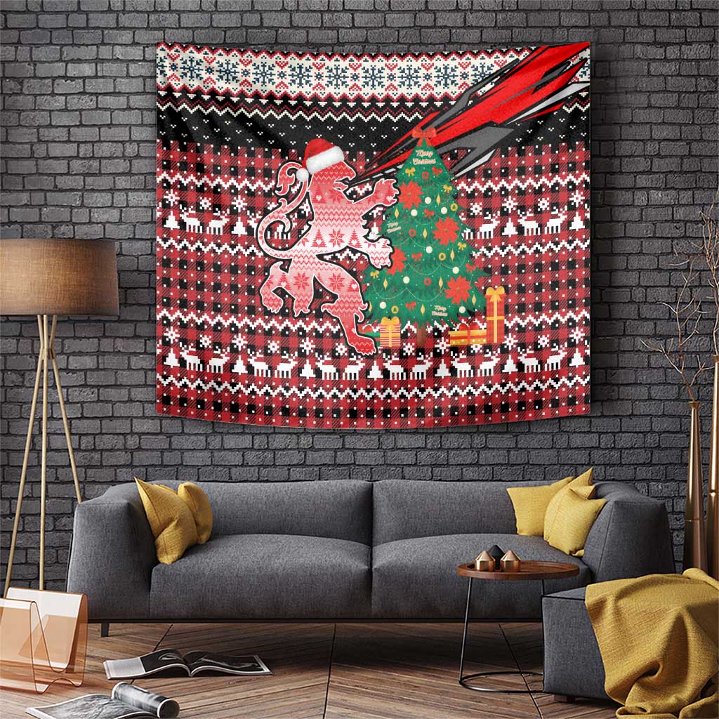 Latvia Christmas Tapestry with Red Lion, Holiday Tree, and Nordic Pattern Design - Wonder Print Shop