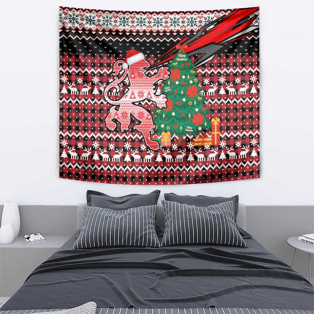 Latvia Christmas Tapestry with Red Lion, Holiday Tree, and Nordic Pattern Design - Wonder Print Shop