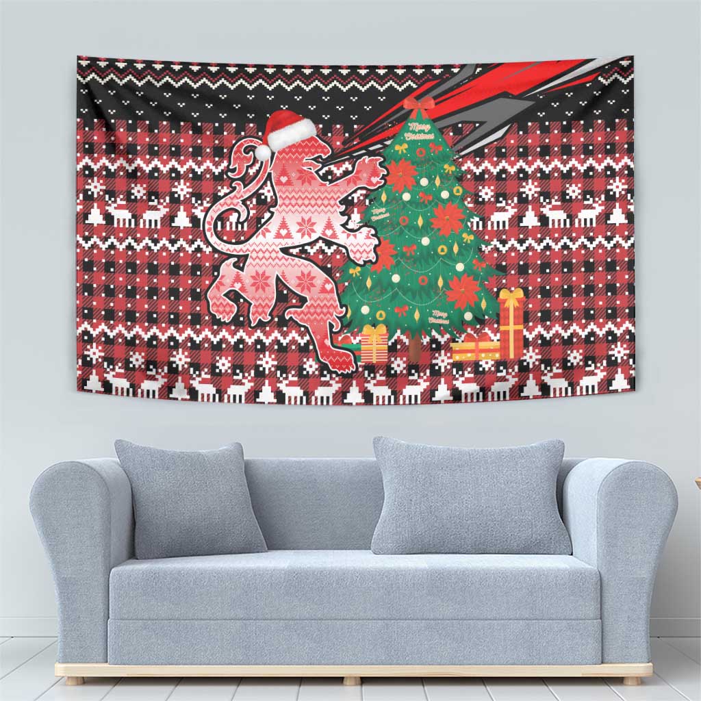 Latvia Christmas Tapestry with Red Lion, Holiday Tree, and Nordic Pattern Design - Wonder Print Shop