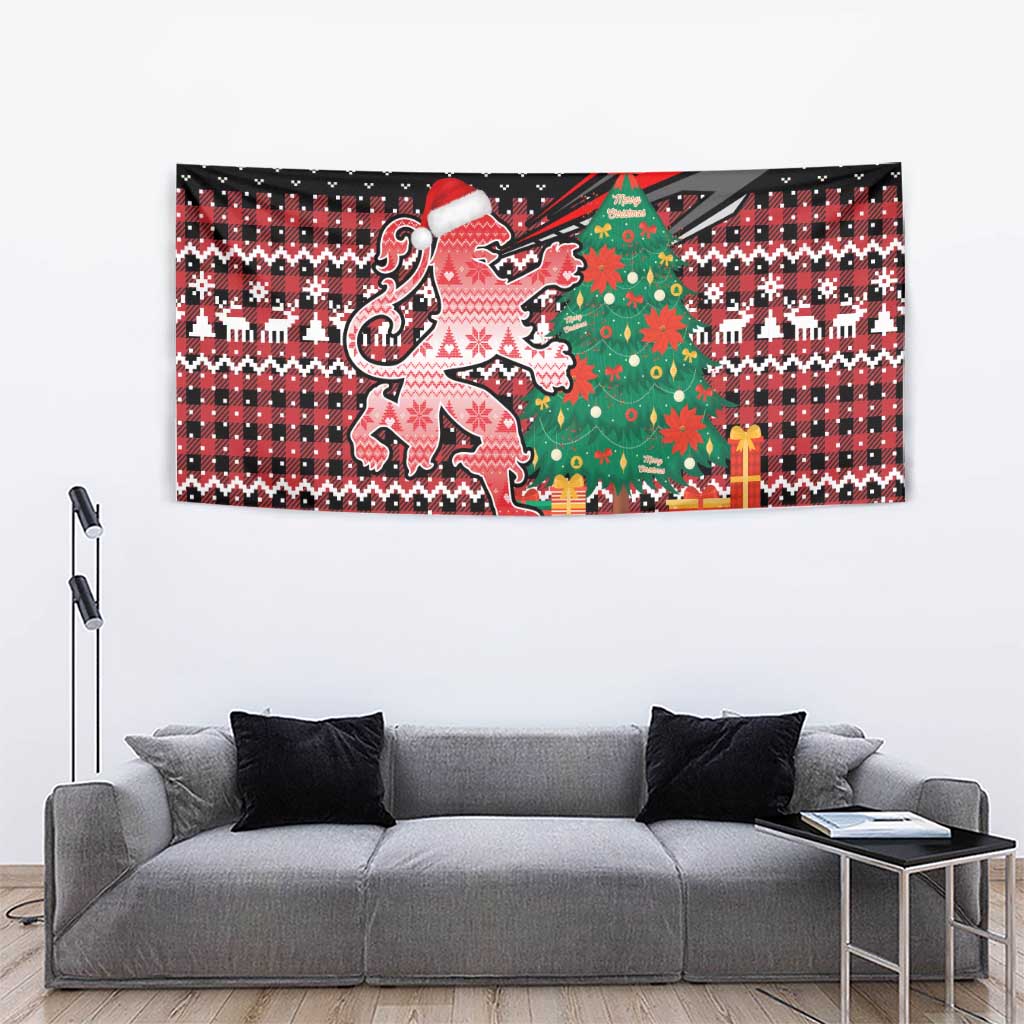 Latvia Christmas Tapestry with Red Lion, Holiday Tree, and Nordic Pattern Design - Wonder Print Shop
