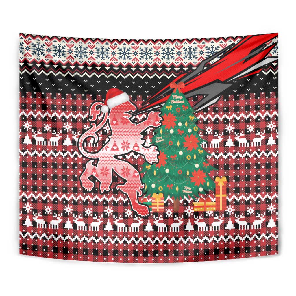 Latvia Christmas Tapestry with Red Lion, Holiday Tree, and Nordic Pattern Design - Wonder Print Shop