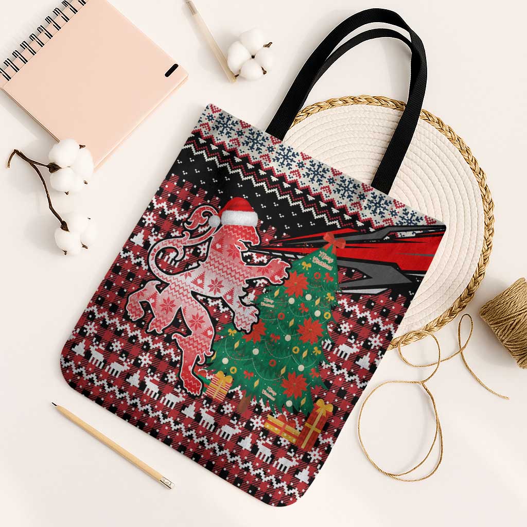 Latvia Christmas Tote Bag with Red Lion, Holiday Tree, and Nordic Pattern Design - Wonder Print Shop