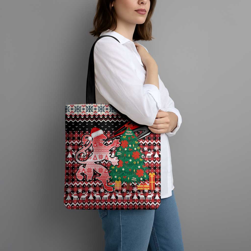 Latvia Christmas Tote Bag with Red Lion, Holiday Tree, and Nordic Pattern Design - Wonder Print Shop
