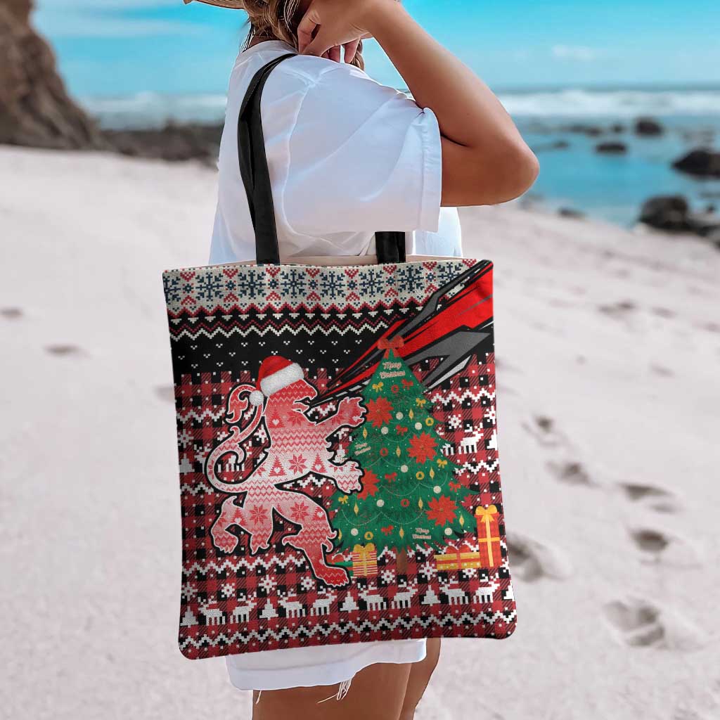 Latvia Christmas Tote Bag with Red Lion, Holiday Tree, and Nordic Pattern Design - Wonder Print Shop