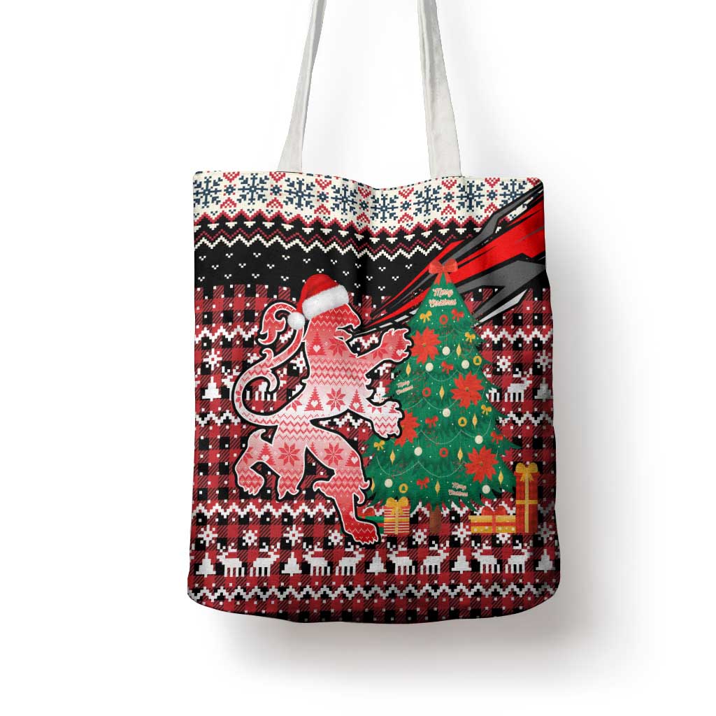 Latvia Christmas Tote Bag with Red Lion, Holiday Tree, and Nordic Pattern Design - Wonder Print Shop