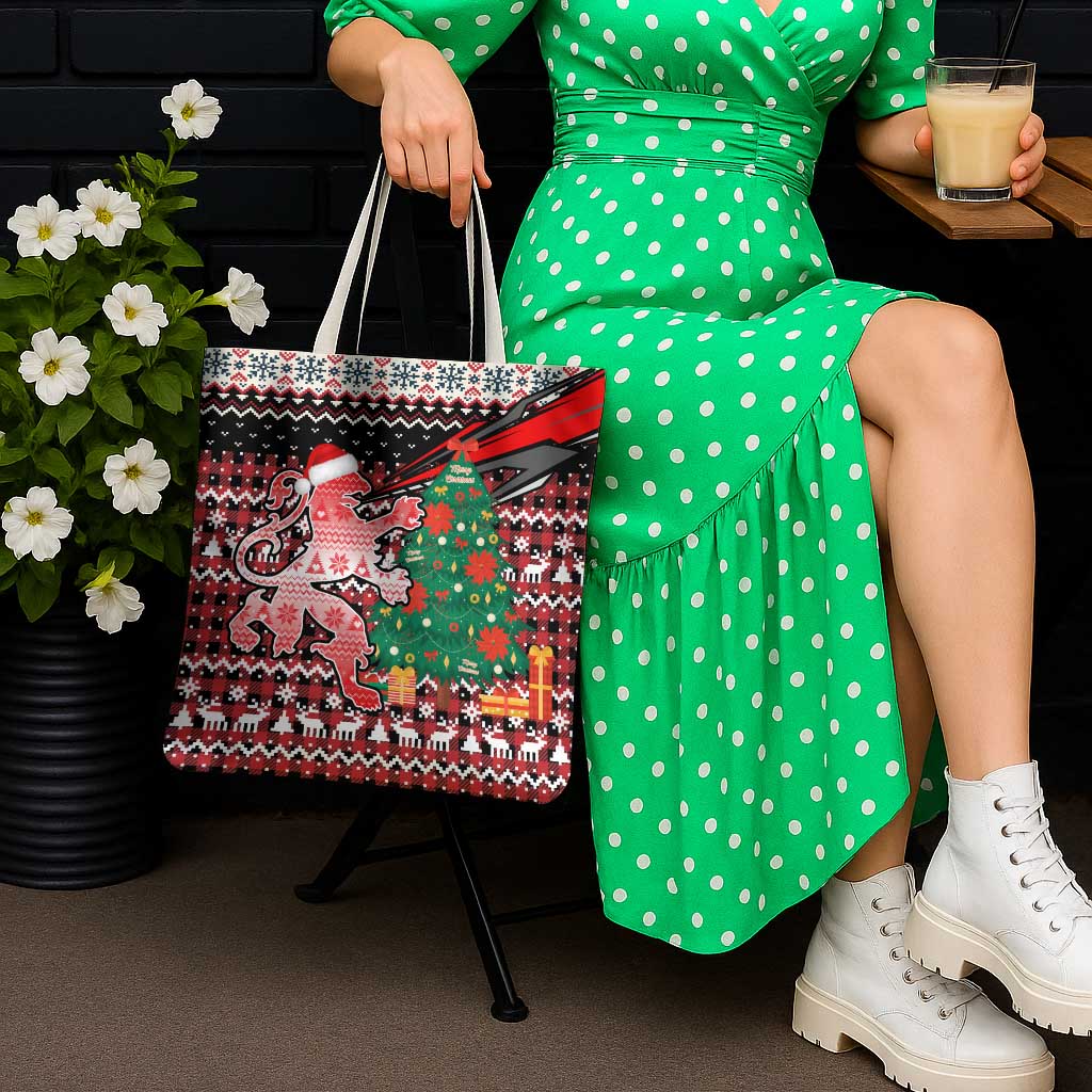 Latvia Christmas Tote Bag with Red Lion, Holiday Tree, and Nordic Pattern Design - Wonder Print Shop