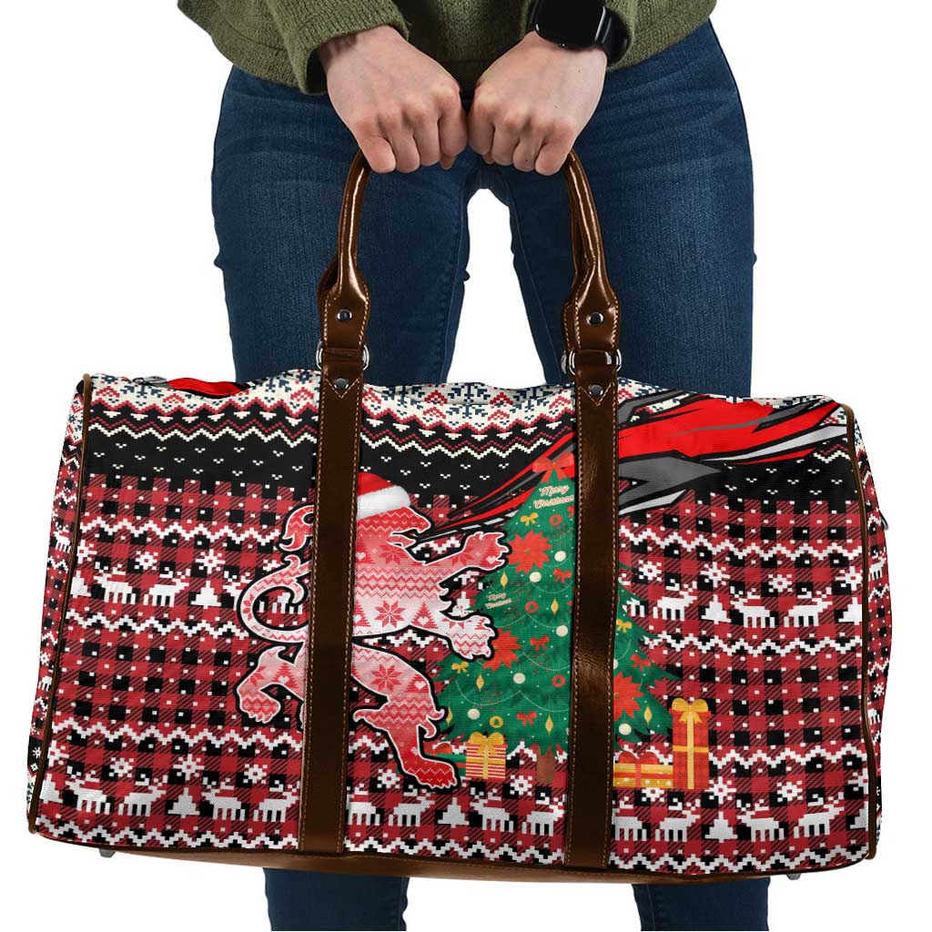 Latvia Christmas Travel Bag with Red Lion, Holiday Tree, and Nordic Pattern Design - Wonder Print Shop