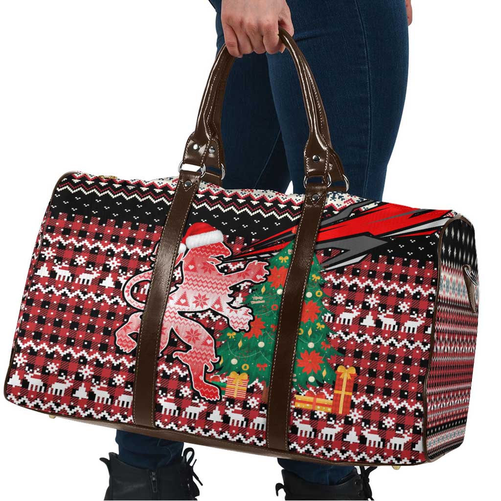 Latvia Christmas Travel Bag with Red Lion, Holiday Tree, and Nordic Pattern Design - Wonder Print Shop